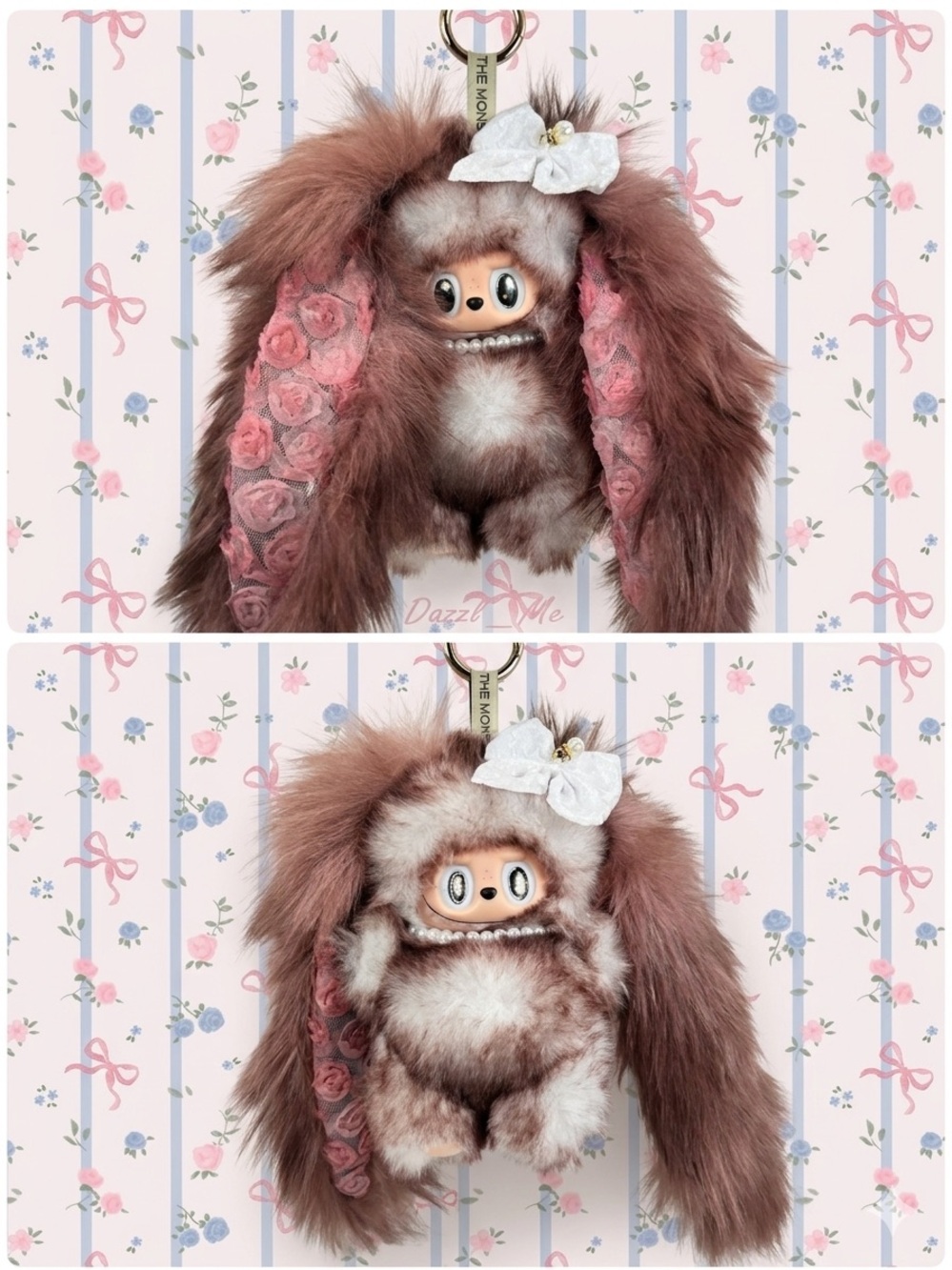 (21) Plush Bunny Keychain - Brown & Cream Faux Fur with Pearl Accent